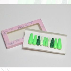 Hand painted neon green press ons